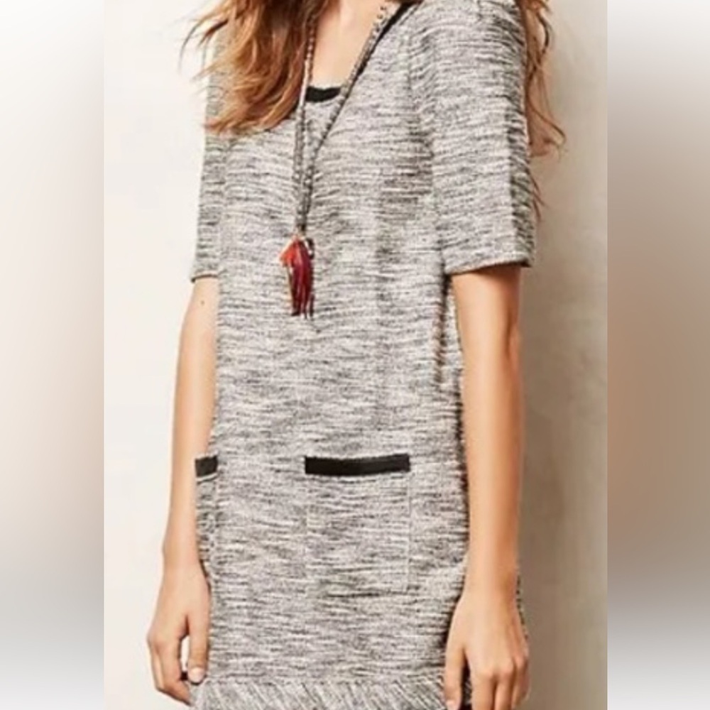Anthropologie Tunic Dress Postmark XS Beverly Black White Boucle Knit Mini Dress